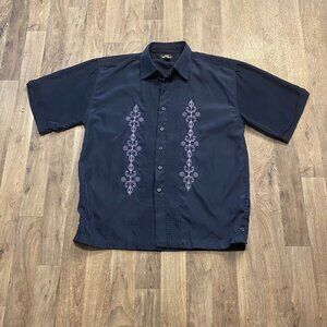 City Impact Men's Medium Embroidered Design Blue Button Down Shirt Short Sleeve